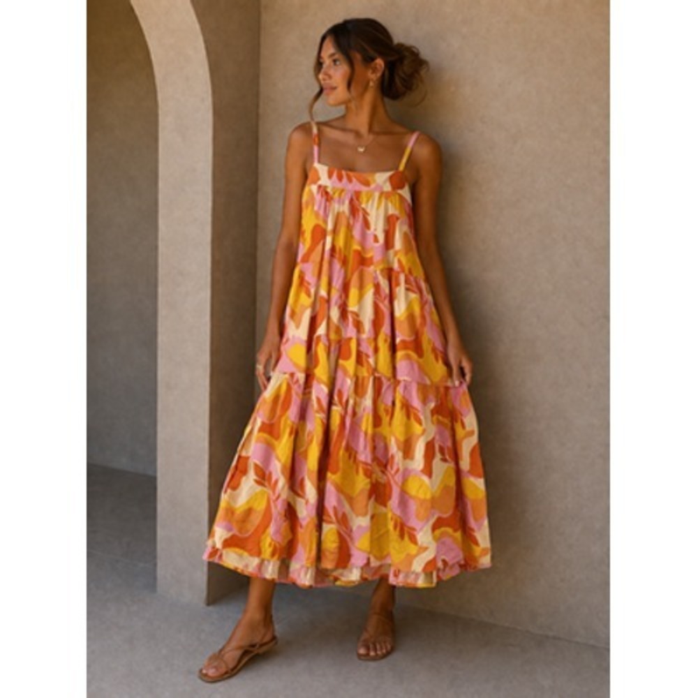 Summer Tiered Midi Dress in Yellow-Pink Print
